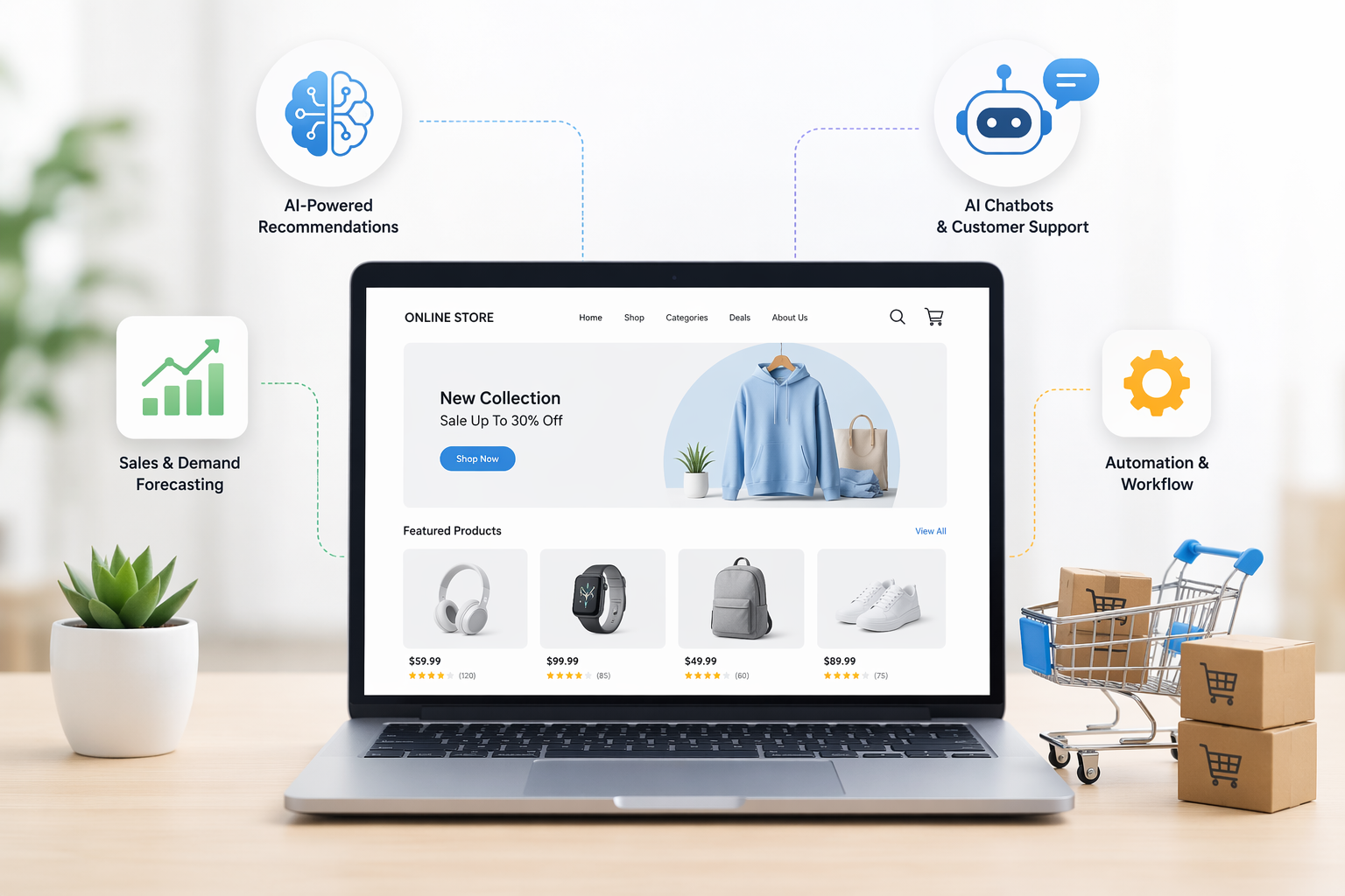 Image Concept: Best AI Tools for E-Commerce in 2026 Design Style (Simple & Realistic): Light background (white or soft gradient) Laptop screen showing an online store Small icons around it (AI brain, chatbot, graph, automation gear) Minimal colors (blue, green, soft orange) Clean and modern (no heavy text)