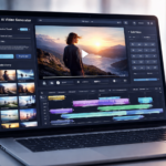 AI video generator interface showing video creation timeline, editing tools, and automation features