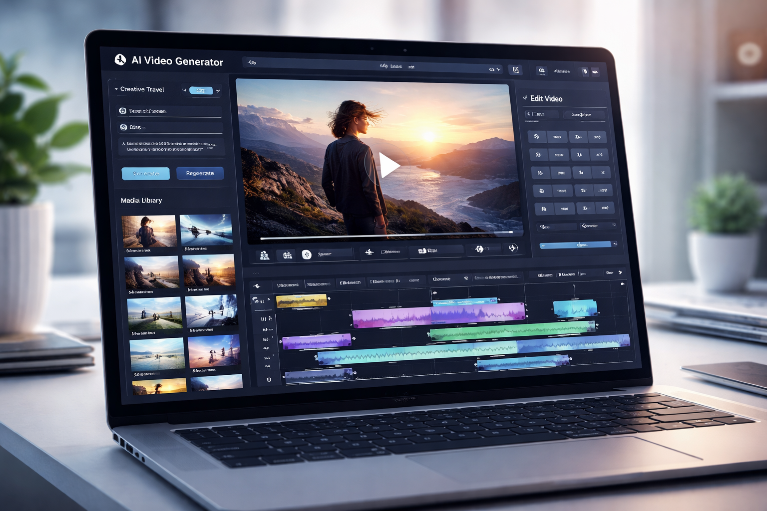 AI video generator interface showing video creation timeline, editing tools, and automation features