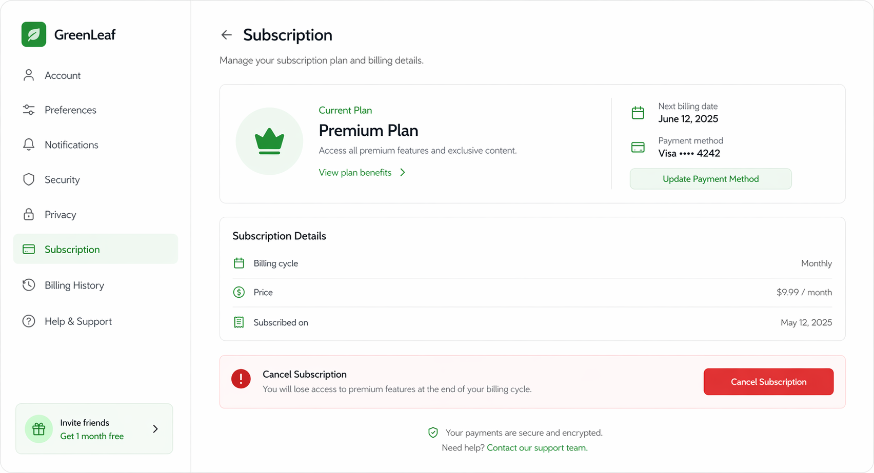 how to cancel chatgpt subscription settings page with billing and cancel button