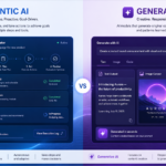 Agentic AI vs Generative AI comparison showing autonomous AI agents managing workflows and generative AI creating content in a futuristic workspace