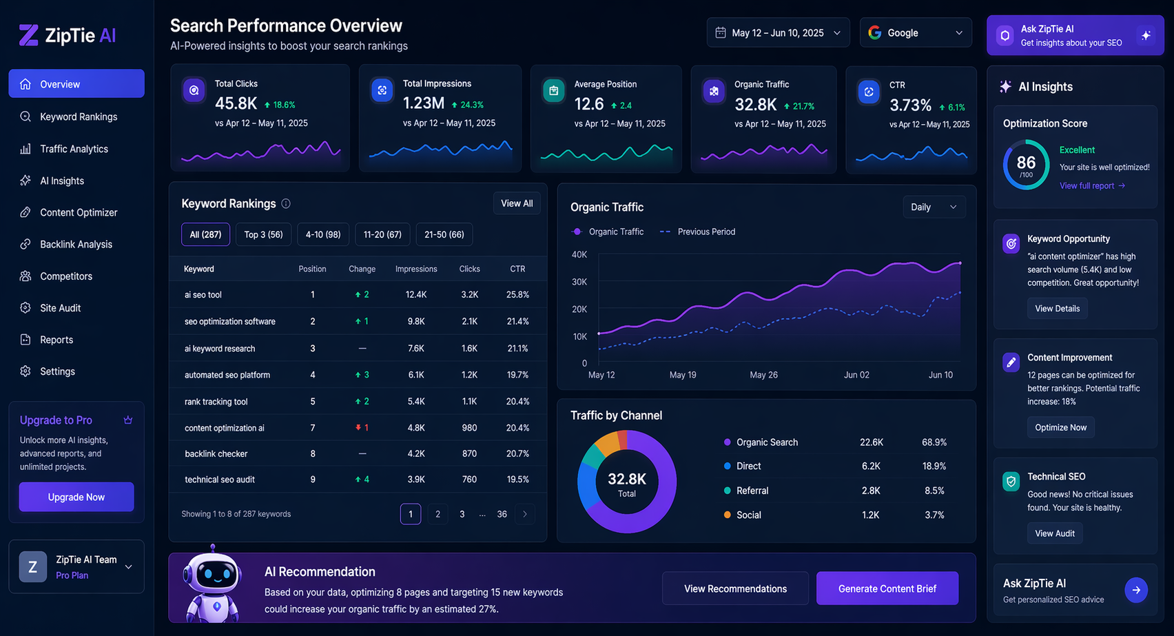 ziptie ai search performance tool dashboard with SEO analytics and ranking metrics