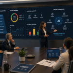 AI governance meeting with executives reviewing AI transformation strategy and policies