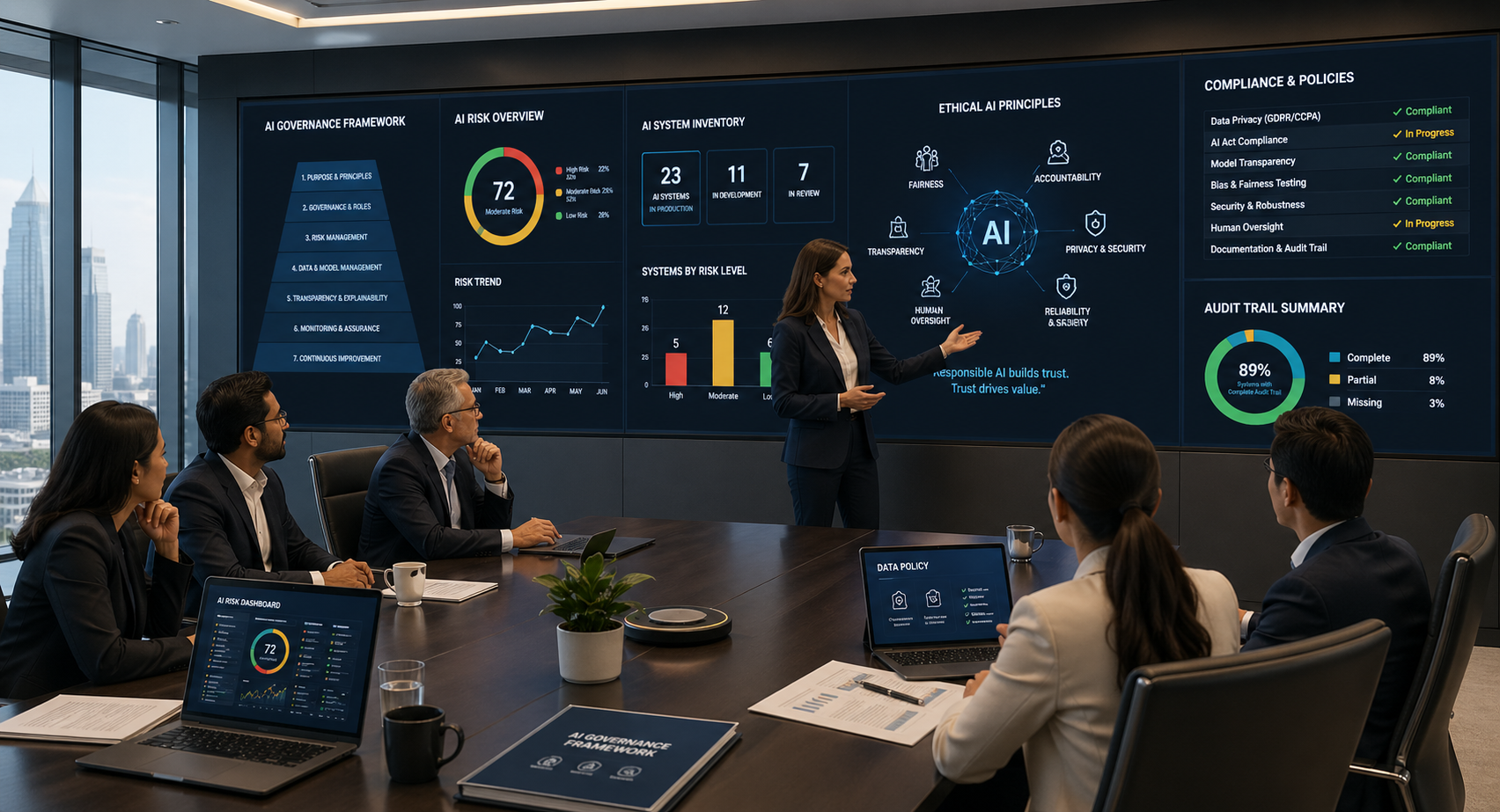 AI governance meeting with executives reviewing AI transformation strategy and policies