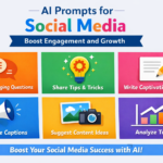 AI prompts for social media content creation with posts and engagement icons