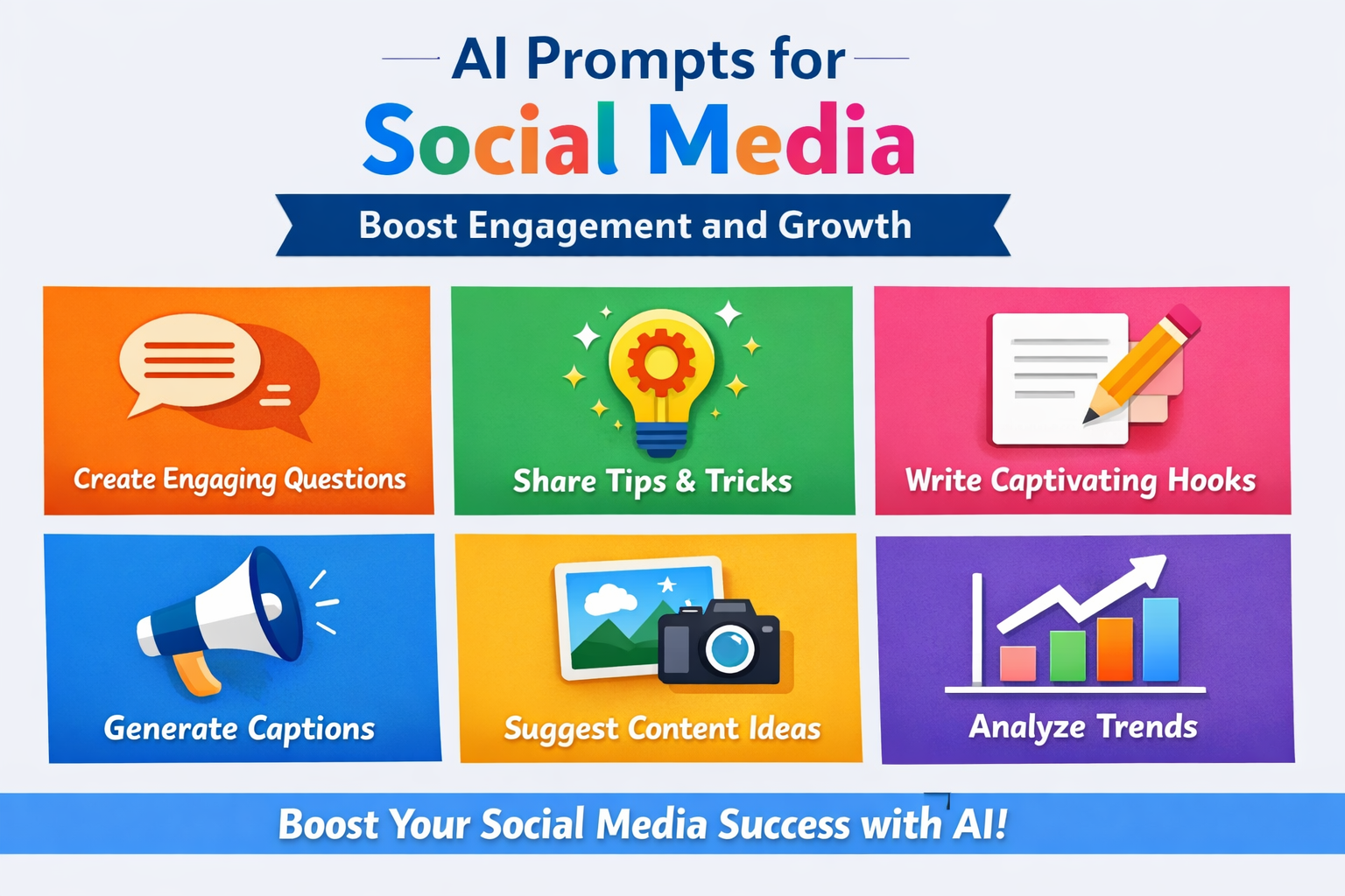 AI prompts for social media content creation with posts and engagement icons