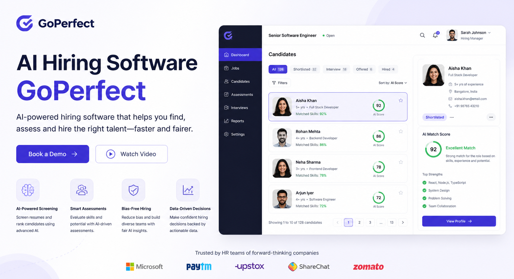 AI hiring software dashboard with candidate matching and recruitment automation