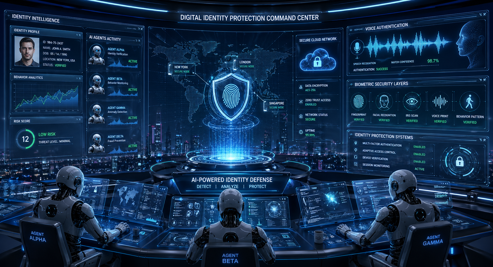 AI security systems showing identity verification, voice authentication, and digital privacy protection